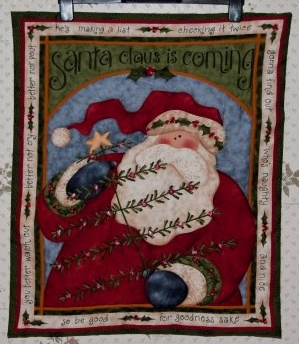 Hand-quilted advent calendar depicting Santa holding a Christmas tree with bare branches